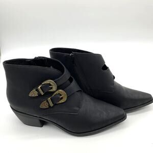 Black Ankle Bootie Women Size 10 Solid Faux leather Pointed Toe Heeled Buckle